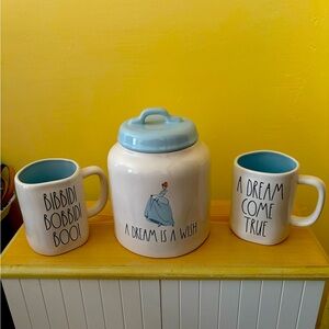 Rae Dunn ceramic Disney inspired cookie jar and 2 mugs